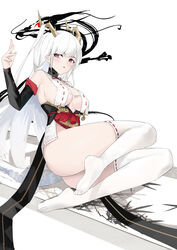  absurdres azur_lane bare_shoulders breasts center_opening detached_sleeves dragon_horns dragon_tail female full_body hair_on_horn highres horns japanese_clothes long_hair medium_breasts over-kneehighs purple_eyes revealing_clothes ribbon-trimmed_thighhighs ribbon_trim shimanto_(azur_lane) simple_background solo suo_bu_ye_feng tail thighhighs very_long_hair white_background white_hair white_tail white_thighhighs 