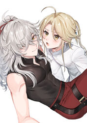  2boys ahoge androgynous black_shirt blush grey_background hair_over_one_eye highres honkai:_star_rail honkai_(series) jacket jing_yuan long_sleeves male_focus mole mole_under_eye multiple_boys one_eye_covered pants ponytail red_pants shirt simple_background sleeveless sleeveless_shirt sushi_171 white_hair white_jacket yanqing_(honkai:_star_rail) yellow_eyes 