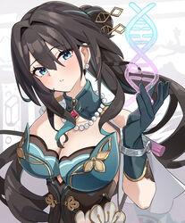  absurdres band_(skymole01) black_corset black_hair blue_eyes blush breasts chinese_clothes cleavage collarbone corset dna double_helix earrings female gloves green_gloves hair_between_eyes hair_bun highres honkai:_star_rail honkai_(series) jewelry large_breasts long_hair looking_at_viewer necklace pearl_earrings pearl_necklace ruan_mei_(honkai:_star_rail) solo upper_body 