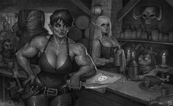  2023 absurd_res amphibian bar biceps big_breasts bodily_fluids breasts cleavage clothed clothing cyclops deltoids dwarf elf female frog greyscale group hair hi_res holding_knife holding_object holding_weapon humanoid humanoid_pointy_ears justsomenoob knife male mammal meme monochrome muscular muscular_female orc pepe_the_frog rodent short_hair sweat sweaty_breasts tavern tusks weapon 