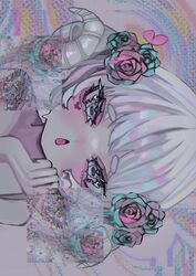  abstract_background aqua_eyes aqua_flower aqua_rose chestnut_mouth curled_horns dripping female flower glitch hair_flower hair_ornament hand_up highres horizontal_pupils horns open_mouth original pink_flower pink_rose portrait rose sheep_horns shiona_(siona0625) short_hair sideways solo white_hair 