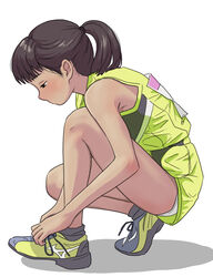  bare_shoulders black_eyes brown_hair commentary_request female full_body green_footwear green_shirt green_shorts hair_intakes highres original panties pantyshot ponytail shirt shoelaces shoes short_hair shorts simple_background solo squatting sumiyama track_uniform underwear white_background 