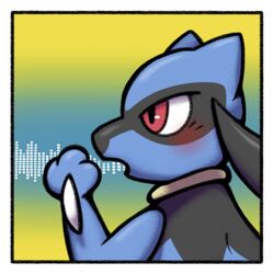  1:1 album_cover album_redraw ambiguous_gender anthro blue_body blue_fur blush border cover devo_(band) digital_media_(artwork) fur generation_4_pokemon hi_res looking_sideways nintendo oofmasterxd open_mouth pokemon pokemon_(species) riolu simple_background solo white_border yellow_background 