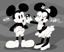  2024 3barts 5_fingers absurd_res anthro big_ears black_and_white bloomers bottomwear cellphone clothed clothing dialogue disney duo electronics english_text eyelashes female fingers gloves handwear hat headgear headwear hi_res male mammal mickey_mouse minnie_mouse monochrome mouse murid murine open_mouth open_smile phone profanity rodent rubberhose shorts skirt smartphone smile steamboat_willie text thin_calves thin_legs thin_thighs toony topless topless_anthro topless_male 