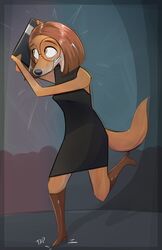  anthro black_clothing black_dress brown_body brown_hair canid canine canis clothing covering covering_face covering_self domestic_dog dress eyewear female footwear glasses hair hi_res high_heels holding_object honeymono illumination_entertainment looking_away mammal running sing_(movie) solo suki_lane 