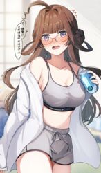  ahoge alternate_costume bespectacled blurry blurry_background blush breasts brown_hair can character_name cleavage clothes_writing commentary double_bun drawstring drink_can female glasses grey_shorts grey_sports_bra hair_bun highres holding holding_can jacket kantai_collection kongou_(kancolle) large_breasts long_hair looking_at_viewer nose_blush off_shoulder open_mouth purple_eyes ranran_3939 shorts soda_can solo speech_bubble sports_bra translation_request white_jacket 