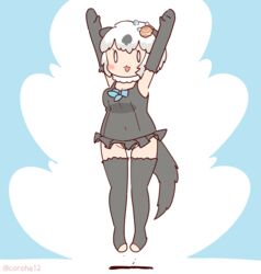  animal_ears arms_up blue_background californian_sea_otter_(kemono_friends) coroha elbow_gloves extra_ears female full_body gloves hair_ornament jumping kemono_friends looking_at_viewer otter_ears otter_girl otter_tail scarf short_hair simple_background solo swimsuit tail thighhighs white_hair 