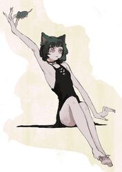  animal_ears arm_at_side arm_up armpits bare_arms bare_legs bare_shoulders barefoot bell cat_ears cat_girl choker closed_mouth convenient_leg dress end80236189 female fingernails flat_chest full_body green_hair highres holding holding_toy jingle_bell knees_up long_finger long_fingernails looking_ahead neck_bell original short_hair sitting sleeveless sleeveless_dress soles solo stuffed_animal stuffed_mouse stuffed_toy toy white_background 