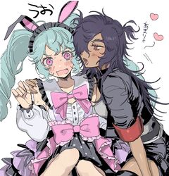  2girls animal_ears black_jacket blowing_in_ear blue_hair bow commentary_request confused dark-skinned_female dark_skin drill_hair embarrassed genderswap_(mtf) hair_over_one_eye hand_on_another&#039;s_shoulder heart highres idol_clothes idol_land_pripara jacket katasumi_amari long_hair long_sleeves looking_at_another mario_(pripara) multiple_girls oerba_yun_fang open_mouth pink_bow pink_eyes pretty_series pripara rabbit_ears rule_63 simple_background sitting smile translation_request twin_drills twintails white_background yumei_(jigoku101) yuri 