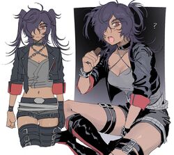  ? arms_at_sides between_legs black_collar black_jacket black_shorts breasts chains cleavage collar commentary_request cropped_legs cropped_shirt dark-skinned_female dark_skin female genderswap_(mtf) grey_shirt hair_over_one_eye hand_between_legs hand_up highres idol_land_pripara jacket leaning_forward long_hair looking_at_viewer mario_(pripara) medium_breasts midriff multiple_views open_mouth pretty_series pripara red_eyes rule_63 shirt short_shorts shorts sitting thigh_strap twintails yumei_(jigoku101) 