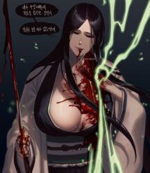  50x48x48 black_hair black_kimono bleach bleach:_sennen_kessen-hen bleeding blood blood_from_mouth blood_on_breasts blood_on_face blood_on_weapon blue_eyes breasts casting_spell cleavage commentary cropped_legs dark dark_background female fighting_stance floating_hair gradient_background half-closed_eyes hand_up haori head_tilt healing highres holding holding_sword holding_weapon huge_breasts japanese_clothes katana kimono korean_text light_particles long_hair long_sleeves looking_at_viewer minazuki_(bankai) parted_bangs parted_lips simple_background smile solo speech_bubble standing straight-on straight_hair sword translation_request twitter_username unohana_retsu upper_body very_long_hair weapon white_kimono wide_sleeves zanpakutou 