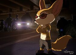  2019 ambiguous_species anthro artist_name bottomwear canid canine car clothing disney eyewear fennec_fox finnick_(zootopia) footwear fox fur group male mammal motor_vehicle multicolored_body multicolored_fur shoes short shorts sunglasses tattoo true_fox two_tone_body two_tone_fur vehicle xxsparcoxx zootopia 