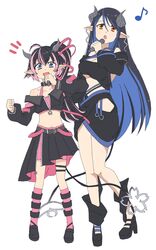  2girls :d ahoge bandeau belt belt_collar black_bandeau black_belt black_footwear black_hair black_jacket black_skirt bloomers blue_belt blue_eyes blue_hair bra breasts brown_eyes chest_belt cleavage clenched_hand collar commentary_request cropped_jacket curled_horns demon_girl demon_horns demon_tail earrings fangs flat_chest full_body grey_horns hair_between_eyes hair_ribbon hantoshirom hebiyoi_tier hebiyoi_tier_(1st_costume) high_heels highres holding holding_microphone horns jacket jewelry large_breasts long_hair long_sleeves looking_at_viewer microphone midriff multicolored_hair multiple_girls music musical_note nanashi_inc. navel notice_lines off_shoulder oinomori_may oinomori_may_(1st_costume) one_side_up open_clothes open_jacket open_mouth pink_bloomers pink_bra pink_hair pink_ribbon pink_socks pleated_skirt pointy_ears ribbon shoes sidelocks simple_background singing single_earring skirt smile socks standing tail two-tone_hair underwear v-shaped_eyebrows virtual_youtuber white_background 