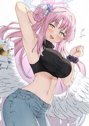  :3 absurdres alternate_costume armpits arms_up blue_archive blunt_bangs blush breasts commentary cowboy_shot crop_top cropped_sweater denim feathered_wings feathers female from_below hair_bun halo highres jeans large_breasts leaning_forward long_hair looking_at_viewer low_wings midriff mika_(blue_archive) navel pants pink_hair pink_halo presenting_armpit ribbed_sweater scrunchie simple_background sleeveless sleeveless_sweater sleeveless_turtleneck solo stomach sweater tareme taut_sweater turtleneck turtleneck_sweater twitter_username very_long_hair watermark white_background white_feathers wings wrist_scrunchie yamano_rokamizu yellow_eyes 