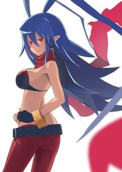  antenna_hair artist_request ass bare_shoulders belt bikini bikini_top_only black_gloves blue_hair bracelet breasts closed_mouth demon_girl disgaea disgaea_d2 female fingerless_gloves fingernails genderswap_(mtf) gloves hair_between_eyes highres jewelry laharl laharl-chan long_hair looking_at_viewer pants pointy_ears red_eyes red_pants red_scarf rule_63 scarf simple_background smile solo spiked_hair swimsuit torn torn_clothes torn_scarf very_long_hair white_background 