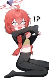  !? absurdres ahoge black_pantyhose black_shirt blue_archive blush bra braid breasts clothes_lift covered_navel empty_eyes female hair_between_eyes halo highres honi_(honi1010) lifting_own_clothes long_hair long_sleeves looking_at_viewer maki_(blue_archive) maki_(camp)_(blue_archive) nose_blush official_alternate_costume official_alternate_hairstyle open_mouth pantyhose red_hair red_halo shirt shirt_lift simple_background sitting small_breasts solo training_bra twin_braids underwear undressing wariza white_background yellow_bra 