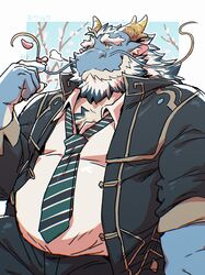  1boy animal_ear_fluff aqua_hair aqua_skin bara beard belly border breath character_name chest_hair_peek coat dragon_boy dragon_horns facial_hair falling_petals fat fat_man full_beard furry furry_male gamubear highres horns huge_eyebrows long_mustache looking_afar loose_necktie male_focus mature_male moustache multicolored_hair necktie open_clothes open_coat outside_border petals qinglong_(housamo) shirt signature solo striped_necktie tokyo_afterschool_summoners two-tone_beard two-tone_hair upper_body white_border white_hair white_shirt yellow_eyes 