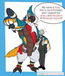  anon anthro arm_over_shoulder avian bird black_clothing blue_body blue_feathers blush breath_of_the_wild clothed clothing duo english_text faceless_character faceless_male feathers gesture hand_gesture hi_res hug human humor husband_and_husband kass_(tloz) male male/male mammal nintendo piracy pointing pointing_at_viewer razz_da_spazz size_difference smile source_request text the_legend_of_zelda 