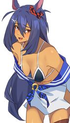  :d absurdres ahoge animal_ears animal_print bikini bikini_under_clothes black_bikini blue_hair blue_neckerchief blue_sailor_collar breasts breasts_apart cleavage collarbone commentary_request cowboy_shot dark-skinned_female dark_blue_hair dark_skin double-parted_bangs dress ear_scrunchie female from_side hair_between_eyes hanging_breasts highres hishi_amazon_(umamusume) horse_ears horse_girl horseshoe_ornament leaning_forward long_hair medium_breasts navel neckerchief oerba_yun_fang off_shoulder open_mouth pirukusu print_neckerchief print_scrunchie raised_eyebrows red_eyes red_scrunchie ribbon sailor sailor_collar sailor_dress scrunchie short_dress side_slit sideboob sidelocks simple_background smile string_bikini sweatdrop swimsuit thigh_strap thighs tiger_print tsurime umamusume very_long_hair white_background white_dress 