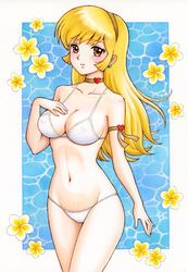  armband bikini blonde_hair blue_eyes blush breasts choker cleavage cof2toto cutie_honey female hairband heart jewelry kisaragi_honey large_breasts long_hair looking_at_viewer medium_breasts solo swimsuit traditional_media 