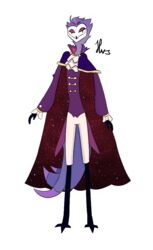  anthro avian beak bird button_(fastener) cape classy clothed clothing demon fur happy havesomeslav helluva_boss male multi_eye owl owl_demon purple_clothing red_eyes royalty smile solo stolas_(helluva_boss) tail 