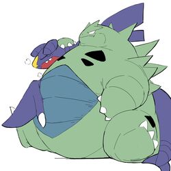  1:1 absurd_res acinomiya anthro arms_around_partner belly big_belly breath chubby_cheeks duo garchomp generation_2_pokemon generation_4_pokemon hi_res hug male male/male nintendo overweight overweight_anthro overweight_male pokemon pokemon_(species) resting sitting tailbutt tyranitar 