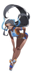  absurdres aqua_eyes armlet belly_chain bent_over bike_shorts black_hair blue_eyeshadow blue_hair commentary crop_top eyelashes eyeshadow feet female floating_hair full_body hair_bun hand_on_own_hip highres jewelry knees legs looking_at_viewer makeup multicolored_hair nessa_(pokemon) parted_lips pokemon pokemon_swsh sandals sidelocks simple_background solo sports_bra summer_(724788381) swimsuit toenails toes two-tone_hair white_background 