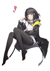  absurdres arknights arknights:_endfield black_hair black_jacket black_pantyhose blush breasts endministrator_(arknights) female female_endministrator_(arknights) full_body hair_ornament hand_up heart highres jacket long_sleeves looking_at_viewer no_shoes open_clothes open_jacket pantyhose short_hair simple_background small_breasts solo suye sweater thighs white_background white_sweater yellow_eyes 