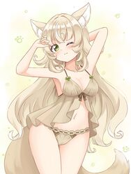  absurdres animal_ears arm_behind_back arms_up blonde_hair brown_babydoll brown_panties closed_mouth commentary cowboy_shot female fox_ears fox_girl fox_tail green_eyes highres indie_virtual_youtuber lingerie long_hair looking_at_viewer navel one_eye_closed panties sasayama_roll shiraha_maru smile solo standing tail underwear underwear_only very_long_hair virtual_youtuber 