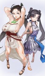  2girls :d armpits arms_behind_back arms_behind_head arms_up bare_shoulders black_hair blue_background blue_sash body_markings breasts brown_footwear commentary dress facial_mark fate/grand_order fate_(series) forehead forehead_mark full_body grey_eyes highres himiko_(fate) holding_own_arm iyo_(fate) jewelry kana_hebi7 large_breasts legs_apart long_hair looking_at_viewer magatama magatama_necklace multiple_girls necklace open_mouth red_sash sandals sash side_slit sideboob simple_background smile standing topknot twintails white_dress yellow_footwear 