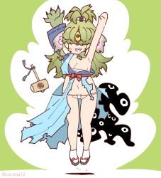  arms_up bare_shoulders blue_kimono claws coroha female full_body fundoshi green_background green_hair hair_over_eyes hammer japanese_clothes jumping kemono_friends kimono long_hair looking_at_viewer navel oerba_yun_fang sandals sanmoto_gorozaemon_(kemono_friends) sarashi simple_background solo tabi zouri 