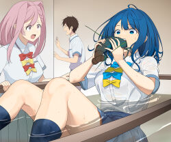  1boy 2girls a1_(initial-g) black_eyes blue_eyes blue_hair blue_skirt blue_socks bow braid breasts brown_hair collared_shirt fish_tank hair_intakes hakamada_sousuke himemiya_karen large_breasts lobster long_hair looking_at_another make_heroine_ga_oo_sugiru! multiple_girls nervous_smile open_mouth partially_submerged pink_hair pleated_skirt red_bow school_uniform shirt short_hair short_sleeves skirt smile socks standing surprised wet wet_clothes wet_shirt wet_skirt white_shirt yanami_anna yellow_bow 