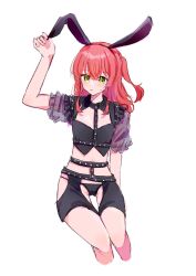  alternate_costume animal_ears arm_at_side black_panties blush bocchi_the_rock! breasts ch2sh clothing_request commentary_request cropped_legs dominatrix fake_animal_ears female green_eyes hair_between_eyes hand_up highres kita_ikuyo long_hair looking_at_viewer one_side_up open_mouth panties puffy_short_sleeves puffy_sleeves rabbit_ears red_hair see-through see-through_sleeves short_sleeves sidelocks simple_background sitting small_breasts solo sweatdrop underwear white_background 