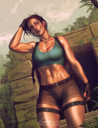  artist_name belt blue_tank_top breasts brown_belt brown_eyes brown_gloves brown_hair brown_shorts crop_top day female fingerless_gloves gloves grey_sky hand_on_own_head jewelry krystopher_decker lara_croft long_hair looking_at_viewer medium_breasts midriff navel necklace outdoors palm_tree patreon_username ponytail ruins short_shorts shorts signature sky solo tank_top thigh_strap tomb_raider tree web_address 