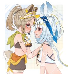  2girls :d animal_ears bandana bandana_around_neck bare_shoulders black_gloves black_shorts blue_background blue_eyes blush border braid brown_hair commentary_request crop_top crying dark-skinned_female dark_skin fingerless_gloves fish-shaped_pupils fur-trimmed_gloves fur_trim genshin_impact gloves gradient_background green_bandana hand_on_another&#039;s_cheek hand_on_another&#039;s_face hands_up heart high_ponytail highres kachina_(genshin_impact) long_hair looking_at_viewer medium_hair mualani_(genshin_impact) multicolored_clothes multicolored_gloves multiple_girls nose_blush outside_border red_eyes shorts smile str_kope tail teeth two-tone_gloves upper_teeth_only very_long_hair white_border white_gloves white_hair yellow_background 