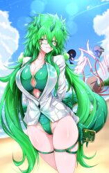  absurdres arms_behind_back beach blue_sky breasts cellphone claws cleavage cloud collarbone commentary_request day dragon_girl dragon_horns dragon_tail energy_sword female fighting g_(genesis1556) glasses green_eyes green_hair green_one-piece_swimsuit green_tail groin hair_between_eyes heterochromia highres holding holding_phone horns karutia_(g_(genesis1556)) large_breasts lens_flare lightsaber long_hair looking_at_viewer monster_girl ocean one-piece_swimsuit orca original outdoors parted_lips partially_unbuttoned phone red_eyes semi-rimless_eyewear shark sharktopus shirt sidelocks skindentation sky smartphone smile solo_focus standing swimsuit swimsuit_under_clothes sword tail thigh_strap under-rim_eyewear very_long_hair weapon wet wet_clothes wet_shirt white_shirt 