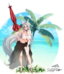  absurdres animal_ear_fluff animal_ears armpits bare_arms bare_legs bare_shoulders beach_umbrella bikini black_choker black_sarong blue_sky blush breasts choker cleavage closed_mouth cloud collarbone commentary commentary_request day eun_soyeon_(lustyfox) female flower fox_ears fox_girl fox_tail full_body gradient_clothes groin hair_between_eyes hair_flower hair_ornament halterneck hand_on_own_hip hand_on_own_thigh high_heels highres korean_commentary large_breasts large_tail leaning_forward long_hair looking_at_viewer mole mole_on_thigh navel o-ring o-ring_bikini original outdoors parted_bangs sarong second-party_source see-through skindentation sky smile solar_(happymonk) solo standing stomach string_bikini swimsuit tail thigh_strap thighs umbrella very_long_hair white_bikini white_hair yellow_eyes 