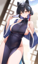  abpart animal_ears black_hair blue_archive blue_halo blush breasts china_dress chinese_clothes collarbone commentary covered_navel cowboy_shot crossed_bangs dress english_commentary female folding_fan hair_between_eyes hair_bun hair_ornament halo hand_fan highres holding holding_fan kaguya_(blue_archive) large_breasts long_sleeves looking_at_viewer mixed-language_commentary off_shoulder parted_lips sideboob single_bare_shoulder smile solo thighs wide_sleeves yellow_eyes 