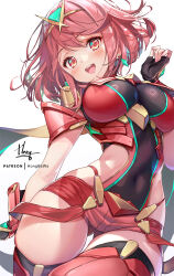  :d backless_outfit black_gloves bob_cut breasts covered_navel earrings female fingerless_gloves floating_earring g-string gloves hong_(white_spider) impossible_clothes jewelry large_breasts looking_at_viewer micro_shorts patreon_username pyra_(xenoblade) red_eyes red_hair short_hair short_shorts shorts simple_background skindentation smile solo suspenders swept_bangs teeth thick_thighs thighs thong tiara upper_teeth_only white_background xenoblade_chronicles_(series) xenoblade_chronicles_2 