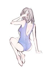  arm_support back_cutout blue_one-piece_swimsuit breasts clothing_cutout female from_behind full_body grey_hair hand_in_own_hair highres invisible_chair long_hair mogamonn one-piece_swimsuit original simple_background sitting solo swimsuit white_background 