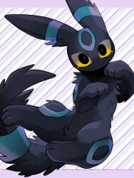  2024 3:4 3_toes ambiguous_feral ambiguous_gender black_body black_ears black_eyes black_fur black_tail blue_body blue_ears blue_fur blue_markings blue_tail chest_tuft colored crotch_tuft digital_media_(artwork) ear_markings eeveelution facial_markings featureless_crotch feet feral fluffy fluffy_tail forehead_markings front_view full-length_portrait fur generation_2_pokemon head_markings kemono leg_markings long_ears looking_at_viewer lying mammal markings mekkyaru mouthless multicolored_body multicolored_ears multicolored_fur multicolored_tail nintendo on_back pattern_background pokemon pokemon_(species) portrait pupils purple_pupils quadruped ring_(marking) shaded shiny_pokemon simple_background solo tail tail_markings toes tuft two_tone_body two_tone_ears two_tone_fur two_tone_tail umbreon yellow_sclera 