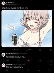  1boy ahoge arm_up armpits backpack bag bare_shoulders breasts can cleavage collarbone danganronpa_(series) danganronpa_2:_goodbye_despair facing_another female highres holding holding_can kmnm_1403 komaeda_nagito large_breasts looking_at_viewer meme mole mole_on_breast monster_energy nanami_chiaki open_mouth out_here_living_my_best_life_(meme) pink_bag smile 