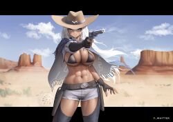  abs absurdres aiming azur_lane bikini black_bikini black_bra blue_eyes bra breasts cowboy_hat cowgirl_(western) crop_top cropped_jacket dark-skinned_female dark_skin day english_commentary female fingerless_gloves gloves grin gun hair_between_eyes hand_up hat highres hip_focus holding holding_gun holding_weapon indiana_(azur_lane) indiana_(high_noon_arrest)_(azur_lane) jacket large_breasts long_hair micro_shorts midriff muscular muscular_female navel open_clothes open_jacket outdoors poncho revolver scar shorts smile solo swimsuit thighs torn_clothes torn_shorts underwear very_long_hair weapon white_gloves white_hair whitter 