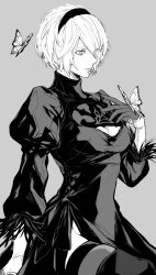  2b_(nier:automata) absurdres breasts bug butterfly cleavage cleavage_cutout closed_mouth clothing_cutout dress female gloves grey_background greyscale hairband hand_on_own_chest highres large_breasts long_sleeves medium_hair monochrome nier:automata nier_(series) nishiii26miii sitting thighhighs white_dress 