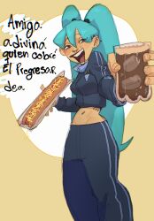  aqua_hair argentina black_pants blush chromatic_aberration drink ear_piercing feet_out_of_frame female food gordachechona hatsune_miku highres holding holding_drink holding_food hot_dog long_hair long_sleeves midriff nose_piercing open_mouth pants piercing smile solo translation_request twintails very_long_hair vocaloid 