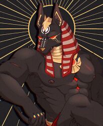  2024 abs anthro anubian_jackal anubis areola arm_scar barazoku biceps big_muscles biped black_body black_fur canid canine canis deity egyptian_mythology fur jackal looking_at_viewer male mammal middle_eastern_mythology muscular muscular_anthro muscular_male mythology nipples overwatch_otaku pecs pink_nipples red_eyes scar shirtless_anthro shirtless_male solo 