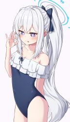  :p bare_shoulders blue_archive blue_bow blue_one-piece_swimsuit blush bow collarbone commentary_request covered_navel fellatio_gesture female frilled_one-piece_swimsuit frills grey_hair hair_between_eyes hair_intakes hairbow halo hand_up heart heart-shaped_pupils highres long_hair miyako_(blue_archive) miyako_(swimsuit)_(blue_archive) nenosame off-shoulder_one-piece_swimsuit off_shoulder one-piece_swimsuit ponytail purple_background purple_eyes sidelocks simple_background solo standing swimsuit symbol-shaped_pupils tongue tongue_out very_long_hair 