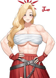  abs akemi_(blue_archive) belt biceps black_belt black_eyes blonde_hair blue_archive breasts chains chest_sarashi cleavage commentary_request crossed_belts female fingerless_gloves gloves hair_over_shoulder halo hands_on_own_hips highres korean_commentary large_breasts long_hair looking_at_viewer mole mole_under_eye muscular muscular_female noorung parted_lips pleated_skirt red_gloves red_halo red_skirt sarashi signature simple_background skirt smile solo teeth underboob veins veiny_arms white_background 