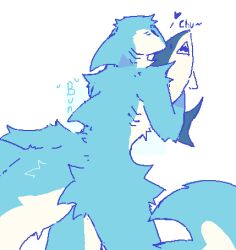  2023 anthro athletic athletic_anthro athletic_male blue_and_white blue_body blue_fur bunonthemoon fur furred_shark holding_object holding_plushie kissing kissing_plushie low_res male monochrome nude_anthro nude_male plushie solo standing white_body white_fur 