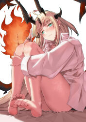  ahoge alternate_costume arknights barefoot blonde_hair blush borrowed_clothes closed_mouth commentary_request dragon_girl dragon_horns dragon_tail female flame-tipped_tail green_eyes highres horns long_hair reed_(arknights) reed_the_flame_shadow_(arknights) shirt sidelocks sitting soles solo tail toes white_shirt yamauchi_(conan-comy) 